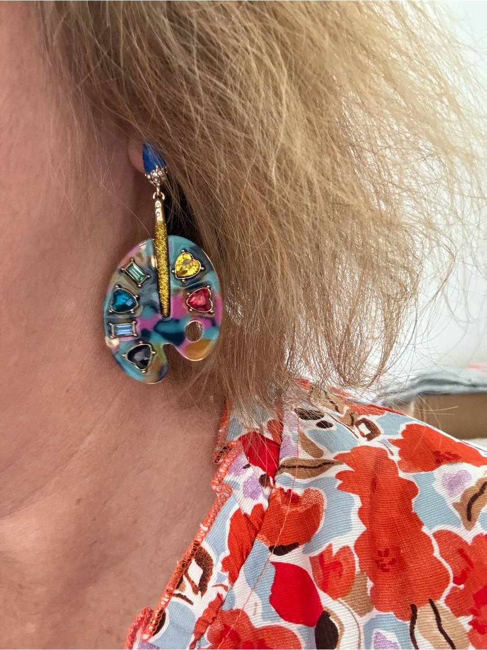 Betsey Johnson Multicolor Paint Palette Drop Earrings with Blue and Gold Accents - Picture 2 of 2